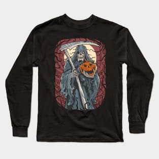 Grim Reaper Holding Pumpkin Art Long Sleeve T-Shirt